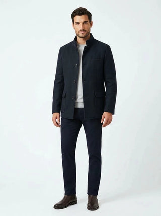 Navy Kired reversible coat on model