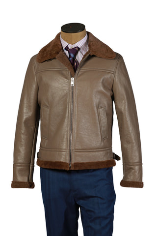 Hettabretz Taupe Shearling Lined Leather Overcoat