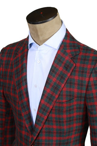 Kiton Red/ Green Checked Cashmere-Silk Sport Jacket