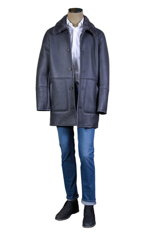 Hettabretz Grey Shearling Lined Leather Overcoat