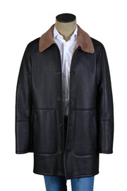 Black Leather Coat with Tan Shearling Trim
