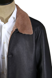 Black Leather Coat with Tan Shearling Trim