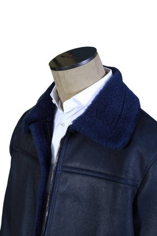 Hettabretz Dark-Blue Shearling Lined Leather Overcoat