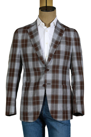 Isaia Grey/ Brown Plaid Wool Sport Jacket