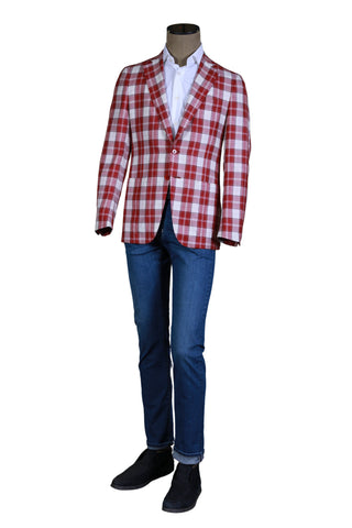 Isaia Red Plaid Wool-Linen Sport Jacket