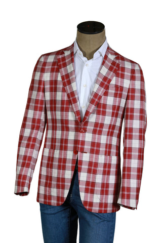 Isaia Red Plaid Wool-Linen Sport Jacket