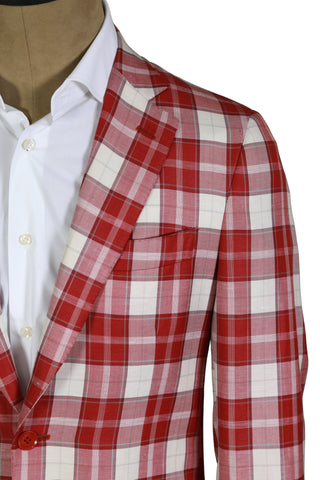 Isaia Red Plaid Wool-Linen Sport Jacket