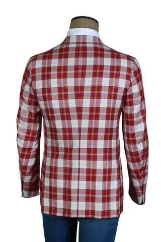 Isaia Red Plaid Wool-Linen Sport Jacket