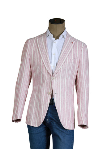 Isaia Red/ White Striped Linen-Cotton Sport Jacket