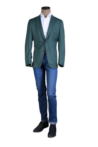 Isaia Olive-Green Solid Wool Sport Jacket