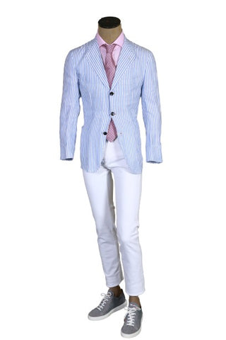 Kiton Light-Blue Striped Cotton-Linen Sport Jacket