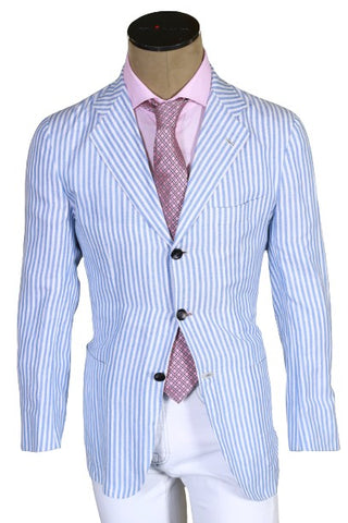 Kiton Light-Blue Striped Cotton-Linen Sport Jacket