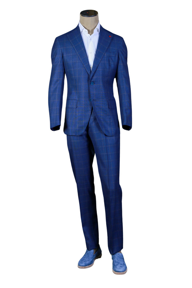Isaia Blue Windowpane Wool Suit