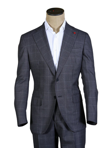 Isaia Dark-Grey Windowpane Wool Suit