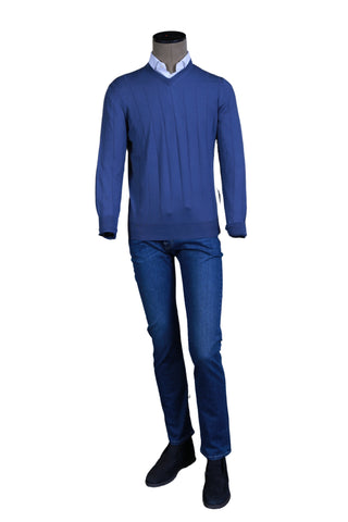 Fedeli Blue Cashmere V-Neck Sweater