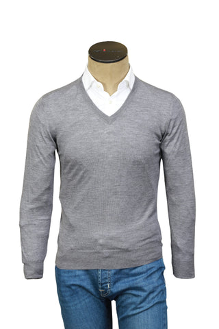 Fedeli Grey Cashmere V-Neck Sweater