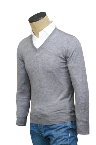 Fedeli Grey Cashmere V-Neck Sweater