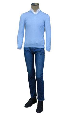 Fedeli Cornflower Blue Cashmere V-Neck Sweater