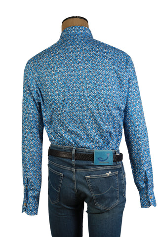 Kiton Blue Floral Cotton Long-Sleeve Dress Shirt