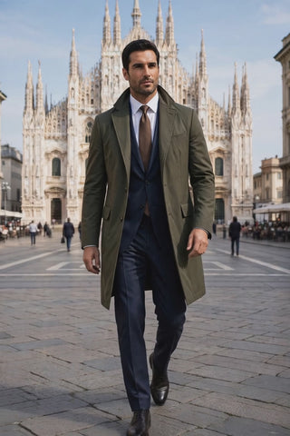 Kired Teon Overcoat Olive Green — model walking at Milan Duomo