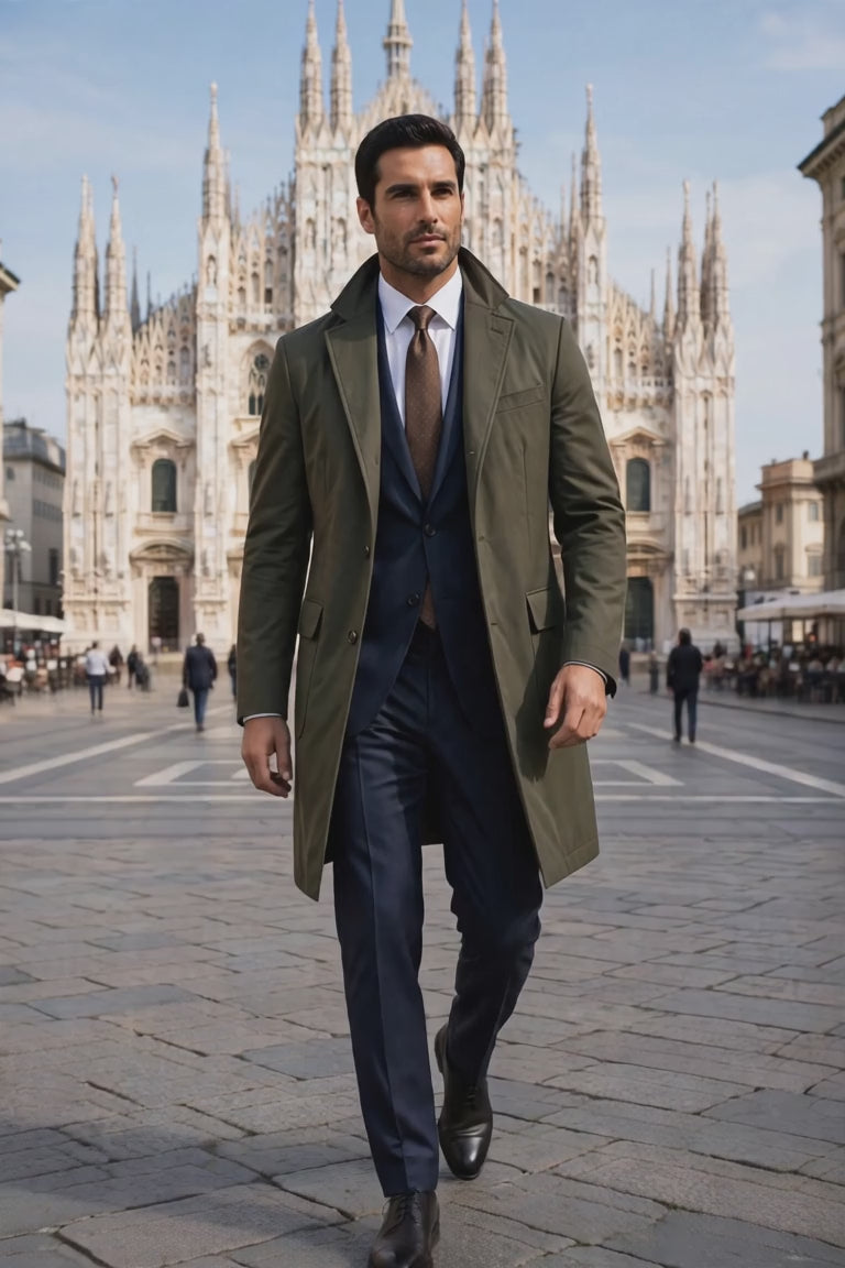 Kired Teon Overcoat Olive Green — model walking at Milan Duomo