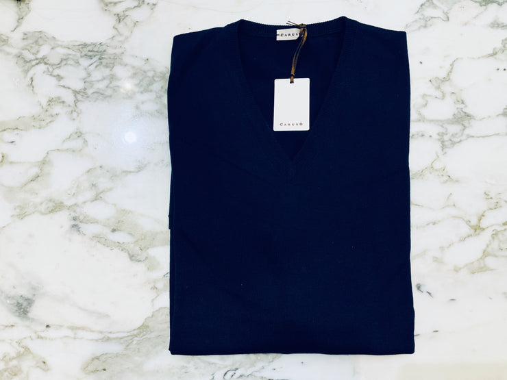 Caruso Navy V Neck Wool Sweater