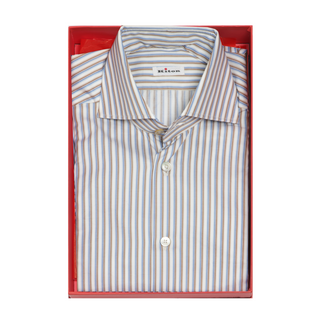 Kiton White/Brown/Blue Striped Cotton Shirt